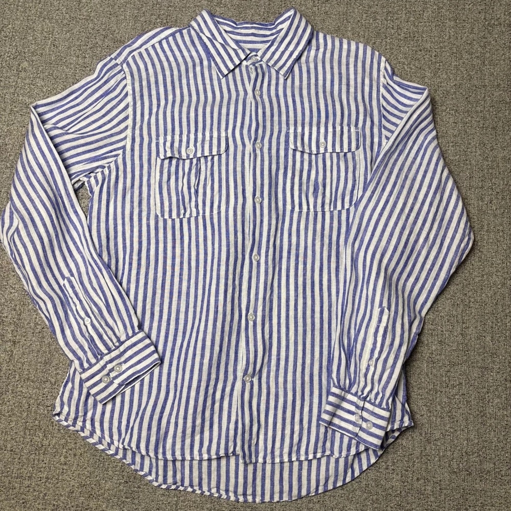 GAP Button Down Shirt Mens Large Blue White Striped Linen Long Sleeve Workwear